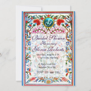Convite FLORES ORIENTAIS DAMASK MONOGRAM Azul Aquamarina