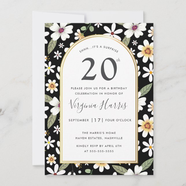 Convite Flores Padrão Negro Vinte 20 Aniversário (Frente)