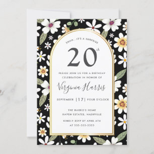 Convite Flores Padrão Negro Vinte 20 Aniversário