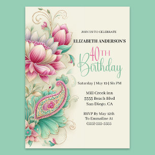 Convite Flores Paisley Bonito e Chique Aniversário de 40 a