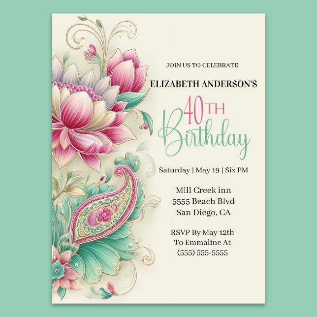 Convite Flores Paisley Bonito e Chique Aniversário de 40 a (Criador carregado)