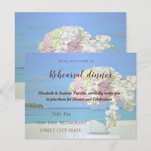 Convite Flores para Casamento na Praia  Jantar de Ensaios (Frente/Verso)