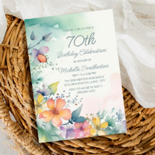 Convite Flores Pastel Rosa Azul Turquesa 70º Aniversário
