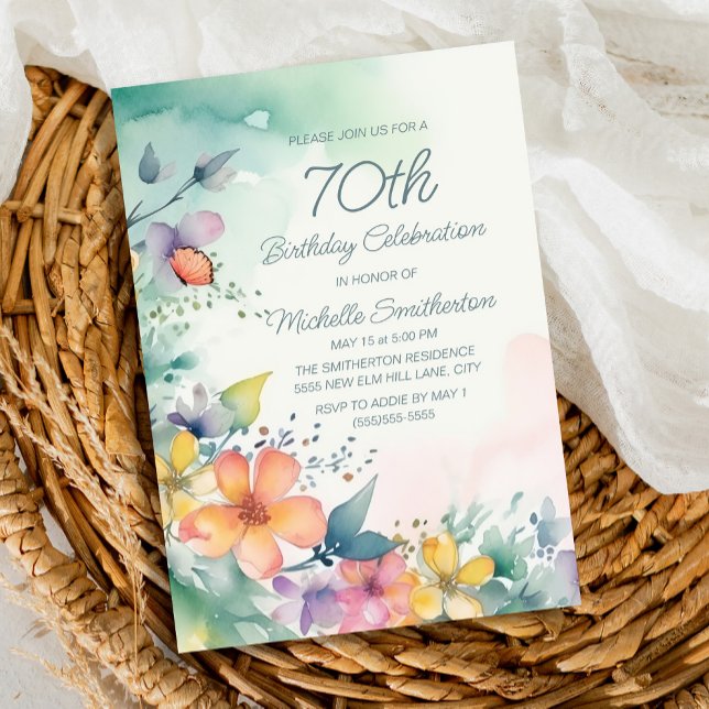 Convite Flores Pastel Rosa Azul Turquesa 70º Aniversário (Spring watercolor floral on teal 70th birthday party invitation)