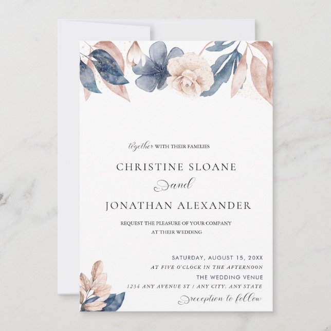 Convite Flores Pintadas à Mão | Casamento Rosa e Azul (Frente)