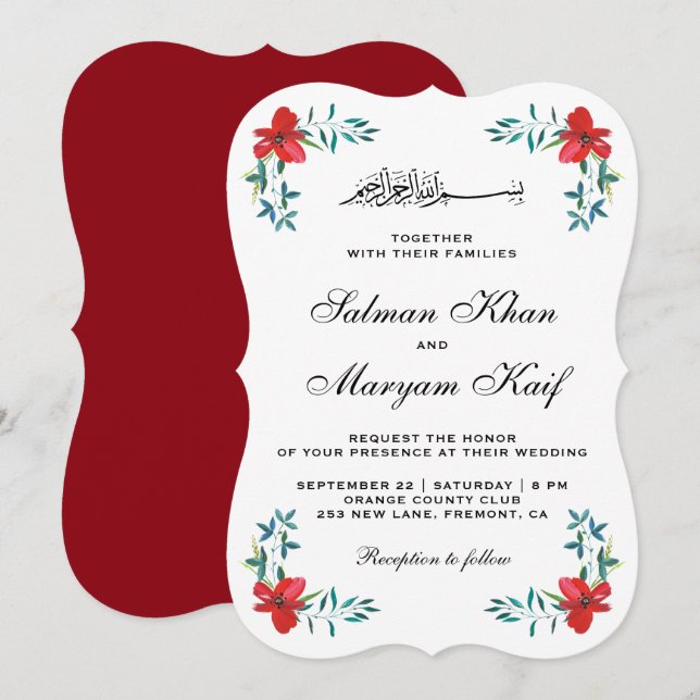 Convite Flores Pintadas Vermelhas Românticas Casamento Muç (Frente/Verso)