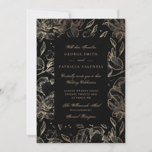 Convite Flores Pretas De Folha De Ouro Desenham Casamento