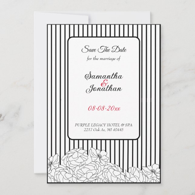 Convite Flores Pretas e Brancas em faixas Salvar a Data (Frente)