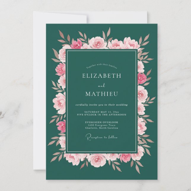 Convite Flores Profundas de Casamento em Verde (Frente)
