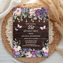 Convite Flores Púrpuras Borboletas Madeira Rústica 21 ruas