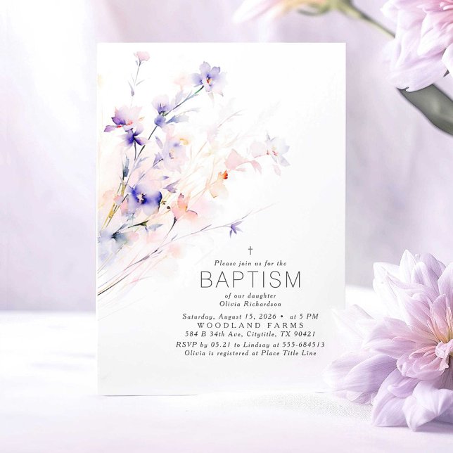 Convite Flores Púrpuras e Escamoteadas Límpidas Batismo El (Purple and Pink Baptism Invitations)