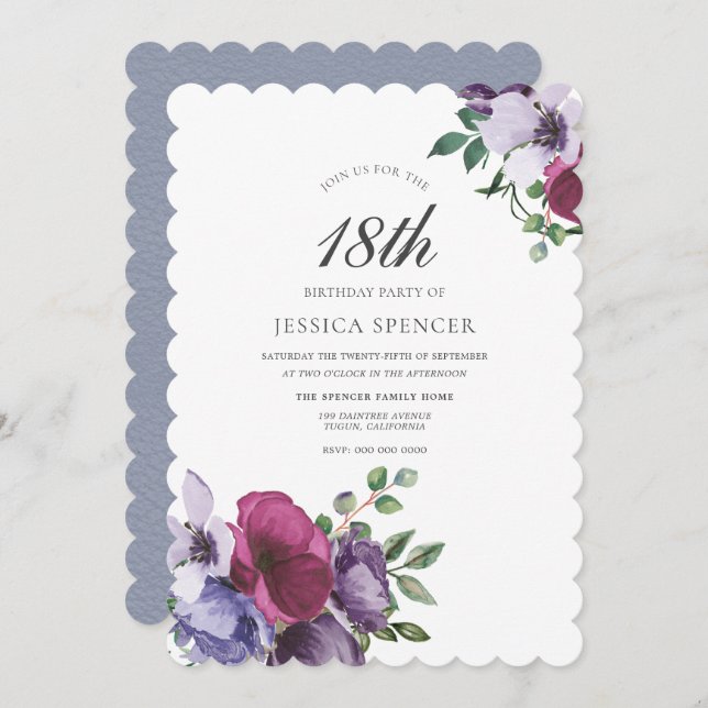 Convite Flores Púrpuras Rosa Meninas 18ª Festa de aniversá (Frente/Verso)