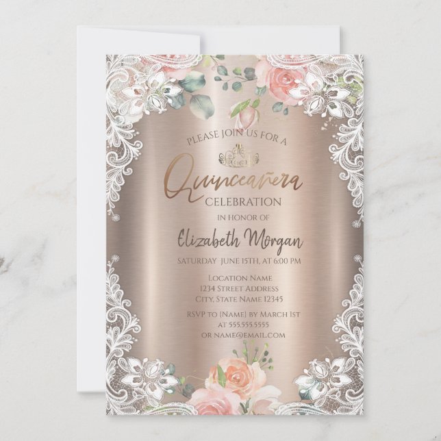 Convite Flores,Renda,Tiara Quinceañera (Frente)