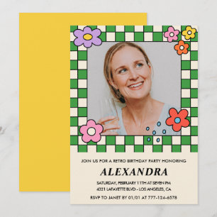 Convite Flores Retro Foto Groovy Aniversário de 59 anos