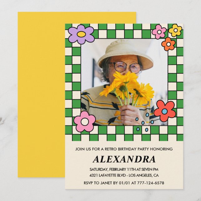 Convite Flores Retro Foto Groovy Aniversário de 97 anos (Frente/Verso)