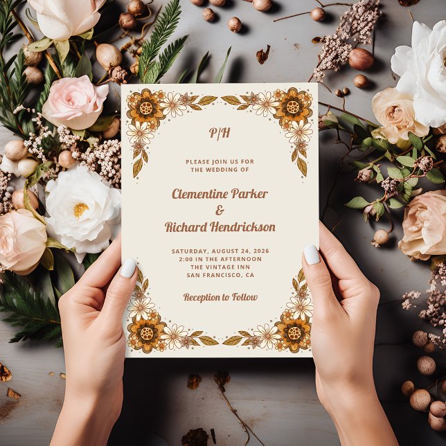 Convite Flores Retro Neutras | Casamento (A retro and vintage style wedding invitation with a floral border)