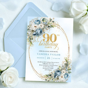 Convite Flores Românticas Boho Azul Empoeirado 90º Anivers