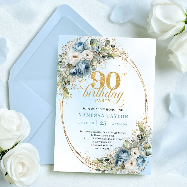 Convite Flores Românticas Boho Azul Empoeirado 90º Anivers (Romantic Boho Dusty Blue Flowers 90th Birthday)
