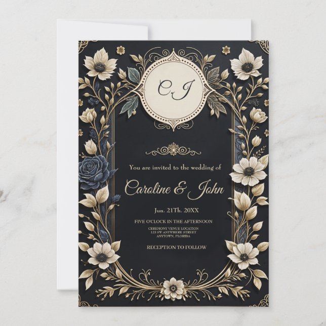 Convite Flores românticas brilhantes sobre fundo azul prof (Frente)