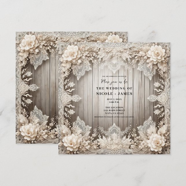 Convite Flores Românticas com Renda + Casamento Rústico de (Frente/Verso)