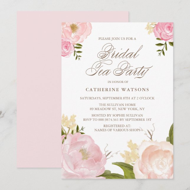 Convite Flores Românticas Cor de Água Rosa Flores Bridal F (Frente/Verso)