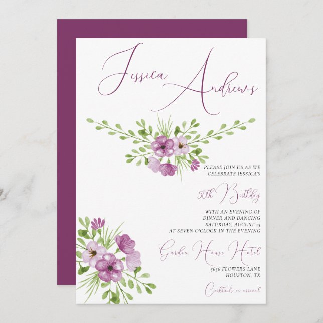 Convite Flores Românticas de Aquarela 50º Aniversário (Frente/Verso)