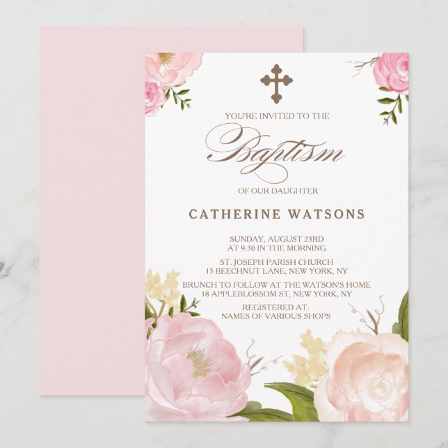 Convite Flores Românticas De Aquarela E Batismo Cruzado (Frente/Verso)