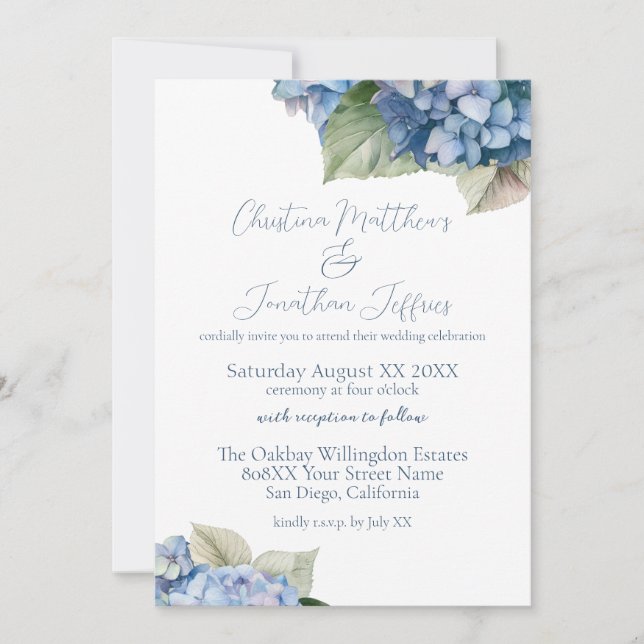 Convite Flores Românticas de Hortênsia Azul (Frente)