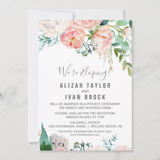 Convite Flores Românticas de Peônia Recepção de Casamento  (Frente)
