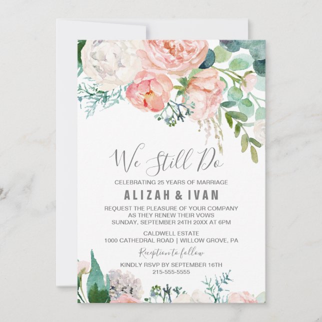 Convite Flores Românticas de Peônias Renovam Vow (Frente)