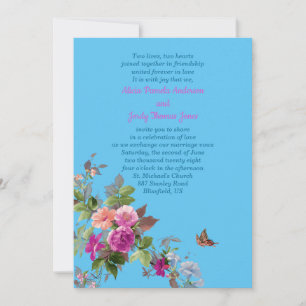 Convite Flores Românticas e Borboleta no Casamento Azul