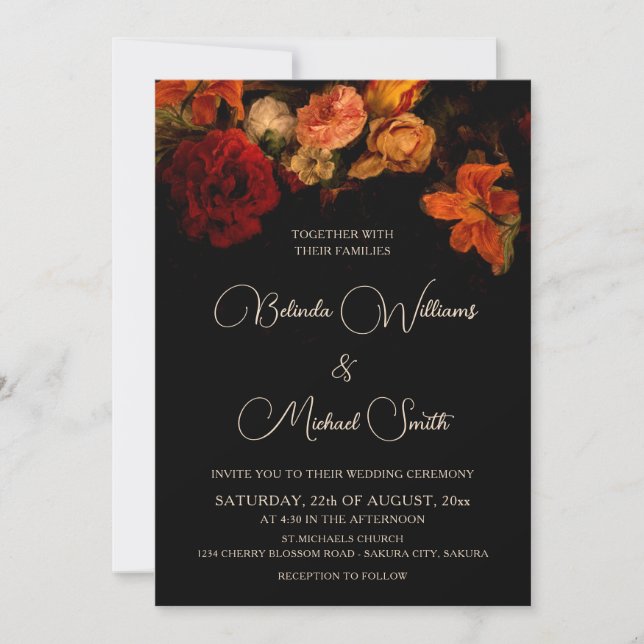 Convite Flores Românticas Escuras | Foto Casamento (Frente)