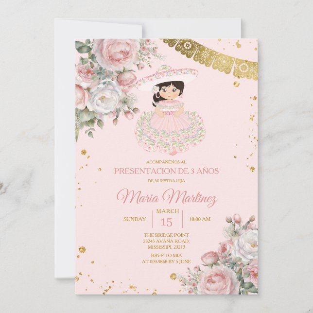 Convite Flores Rosa Apresentação De Tres Años Garota Bonit (Frente)