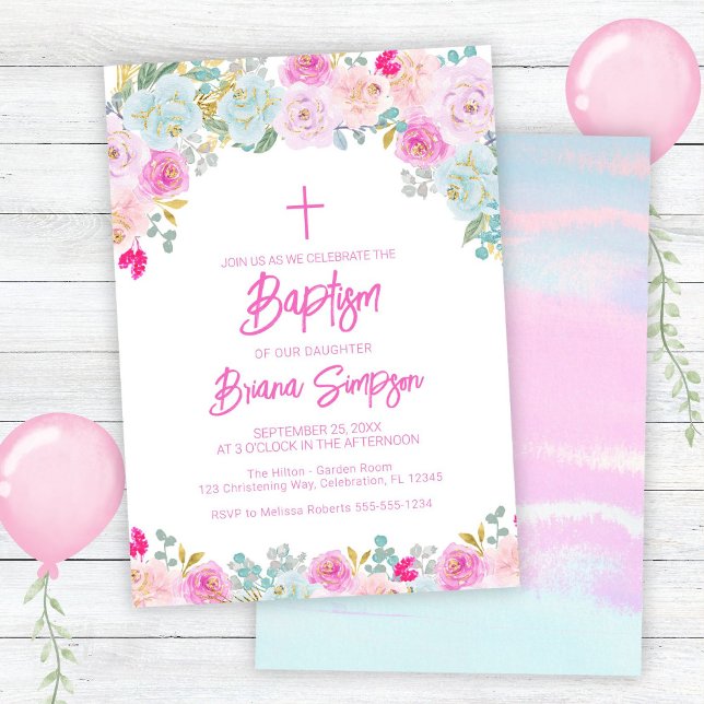 Convite Flores Rosa Azul Pêssego Roxo Batismo Floral (Criador carregado)