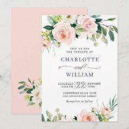 Convite Flores Rosa Bege Aquarela Folhagem Casamento
