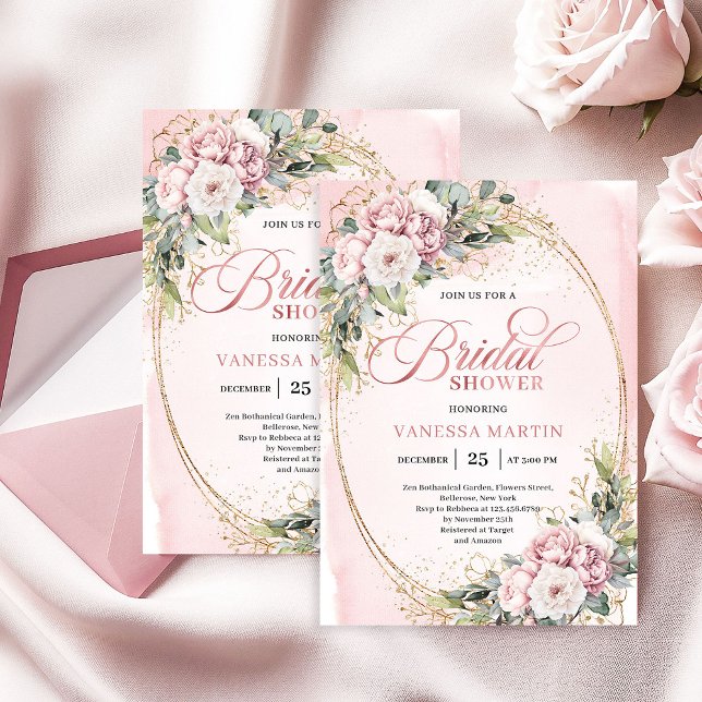Convite Flores Rosa Bege Bohemiano Chuveiro Dourado (Bohemian Blush Pink Flowers Gold Shower)