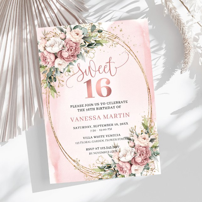 Convite Flores Rosa Bege Brilhantes Eucalipto 16º Aniversá (Sparkling Blush Pink Flowers Eucalyptus 16th Birthday Invite

)
