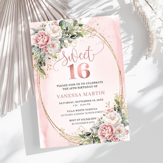 Convite Flores Rosa Bege com Verde Sweet Sixteen  (Blush Pink Flowers with Greenery Sweet Sixteen Invite)