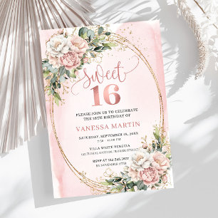 Convite Flores Rosa Bege com Verde Sweet Sixteen
