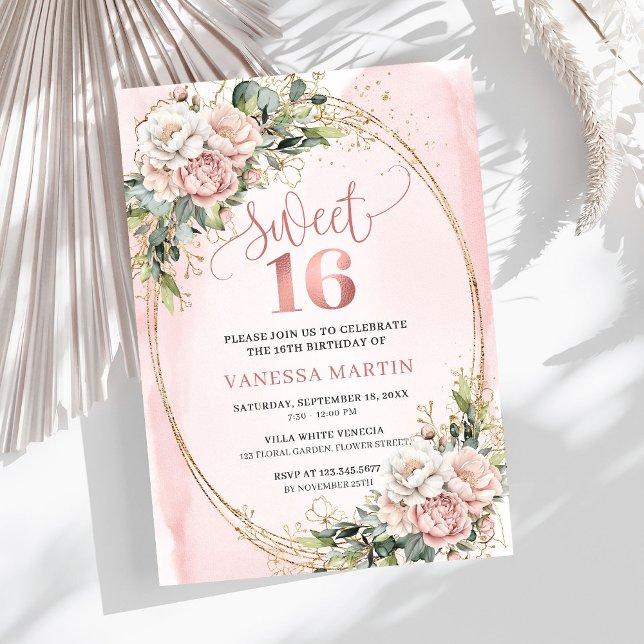 Convite Flores Rosa Bege com Verde Sweet Sixteen (Blush Pink Flowers with Greenery Sweet Sixteen Invite)