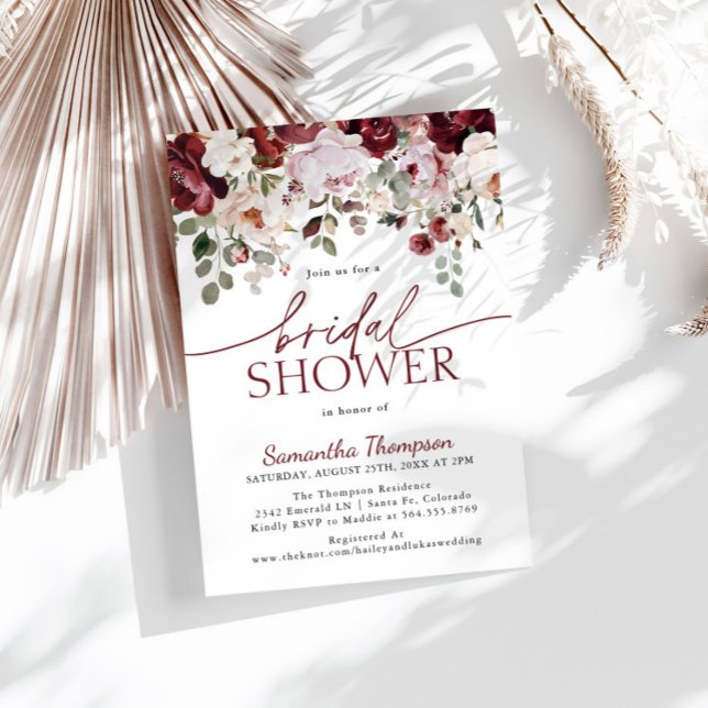 Convite Flores Rosa Blush Burgundy, Chá de panela Floral (Criador carregado)