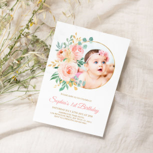 Convite Flores Rosa Blush e Bebê Dourado Primeiro Anivers