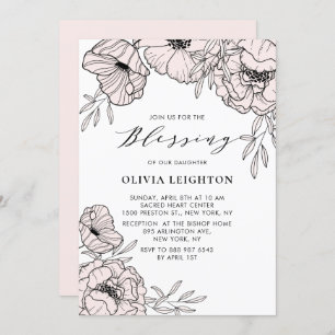 Convite Flores Rosa Blush Modernas Bênção Bebê