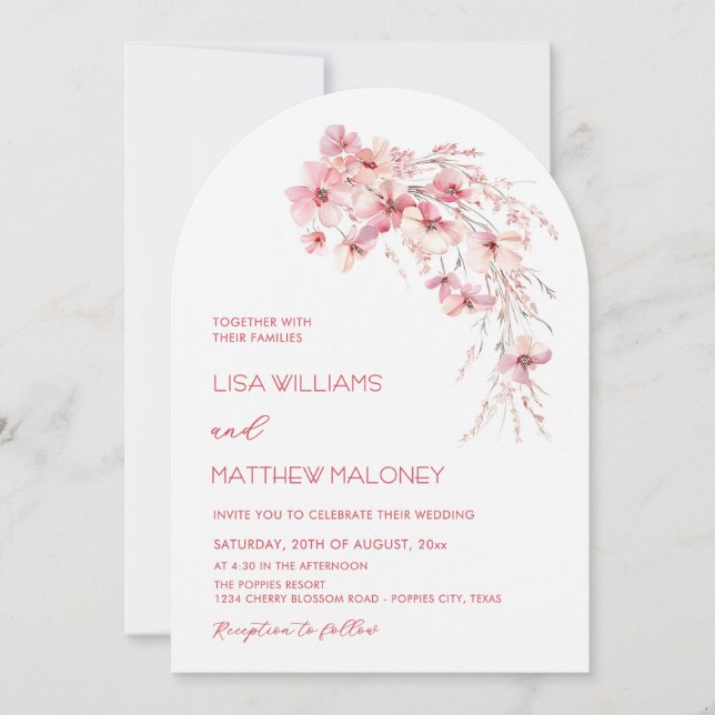 Convite Flores Rosa Boho Chic Casamento Branco (Frente)