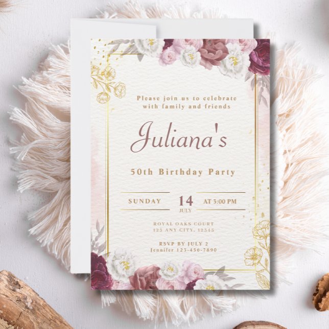 Convite Flores rosa Boho Elegant 50th Festa de aniversário (Criador carregado)