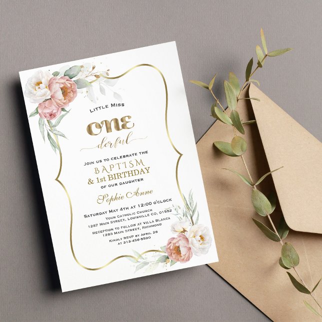 Convite Flores Rosa Brancas Primeiro Aniversário e Batismo (Criador carregado)