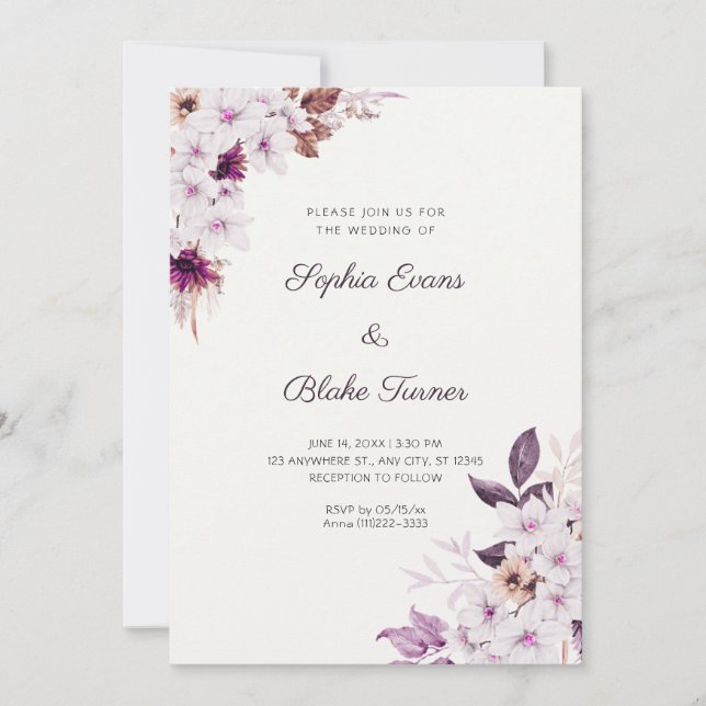 Convite Flores Rosa Branco Rústico Boho Casamento Branco (Frente)