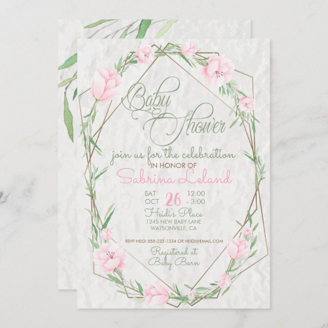Convite Flores rosa Chá de fraldas de terrário verde (Frente/Verso)