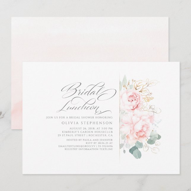 Convite Flores Rosa, Chá de panela Verde Dourado Luncheon (Frente/Verso)