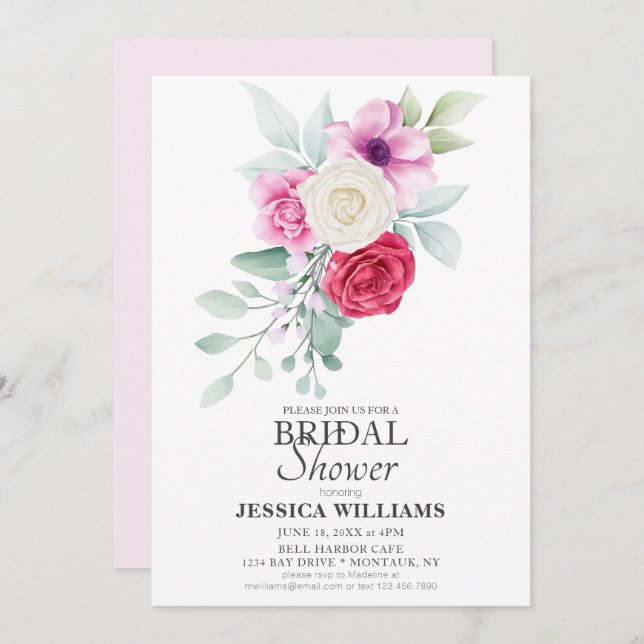 Convite Flores Rosa Clássicas e Chá de panela Rose Bouquet (Frente/Verso)